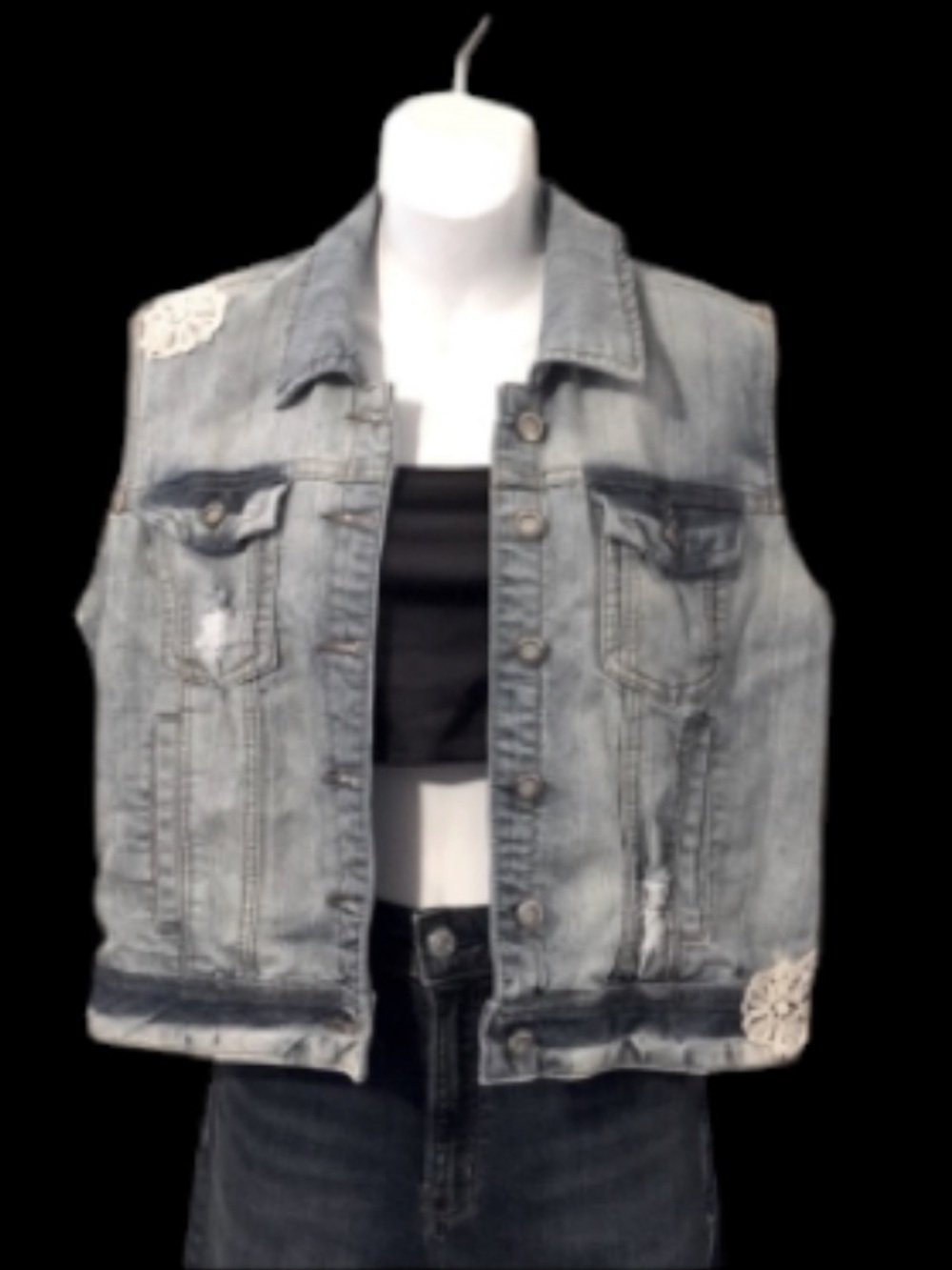 Light Blue Distressed Washed Out Lace Embellished Denim Vest by 1st Kiss Sz L